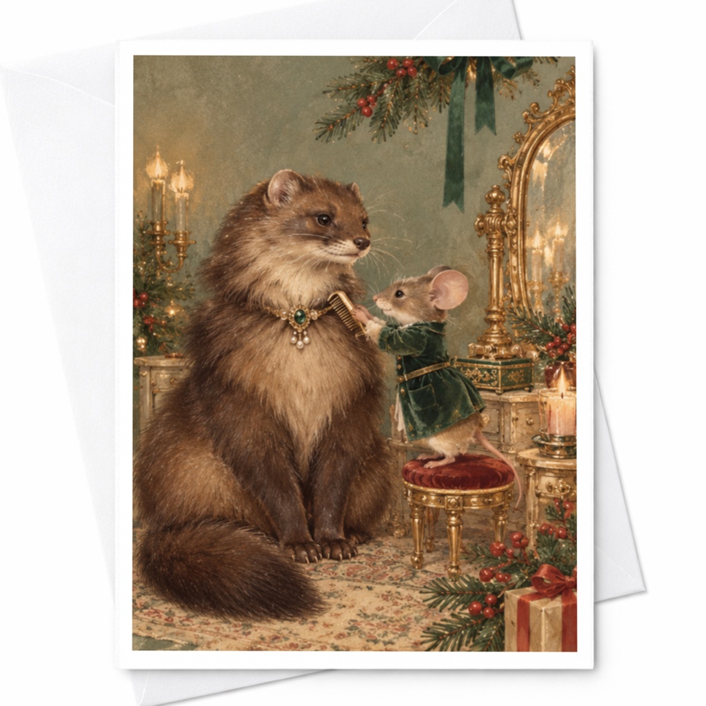 Mouse And Ferret Christmas Card Cute Animal Holiday Greeting Card Festive Scene For Animal Lover Whimsical Winter Card C9744