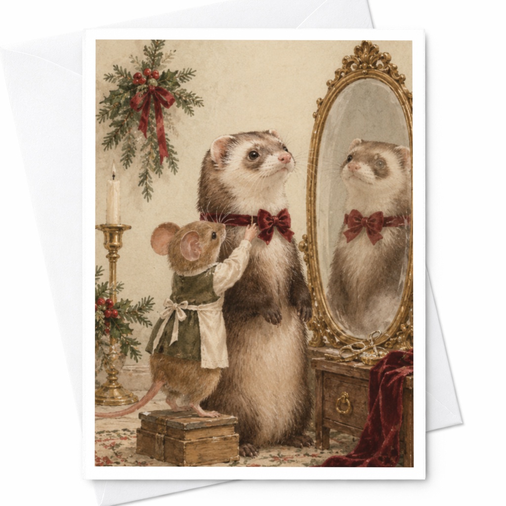 Ferret And Mouse Christmas Card Cute Animal Holiday Greeting Card For Animal Lover Festive Bow Tie C9745