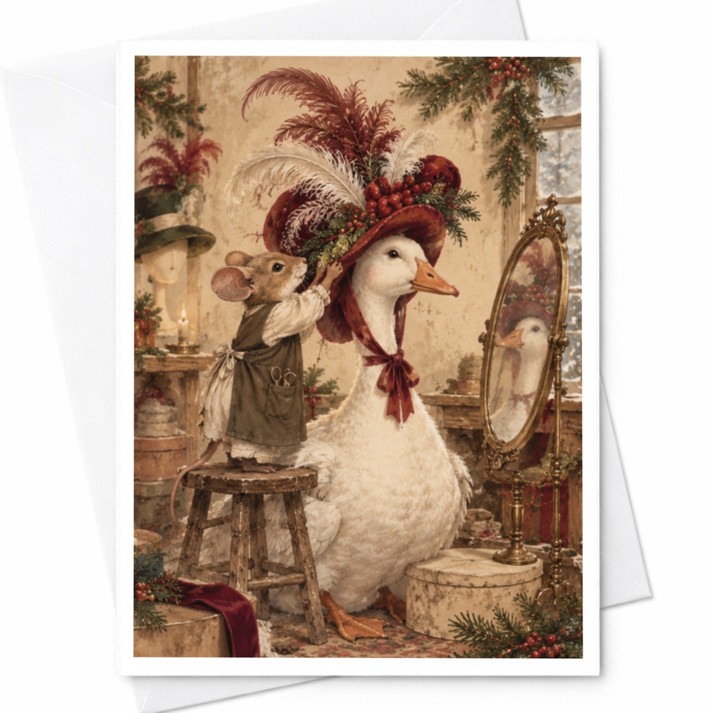 Mouse And Goose With Hat Blank Greeting Card Cute Animal Illustration Everyday Card For Animal Lover Whimsical Art Card C9771