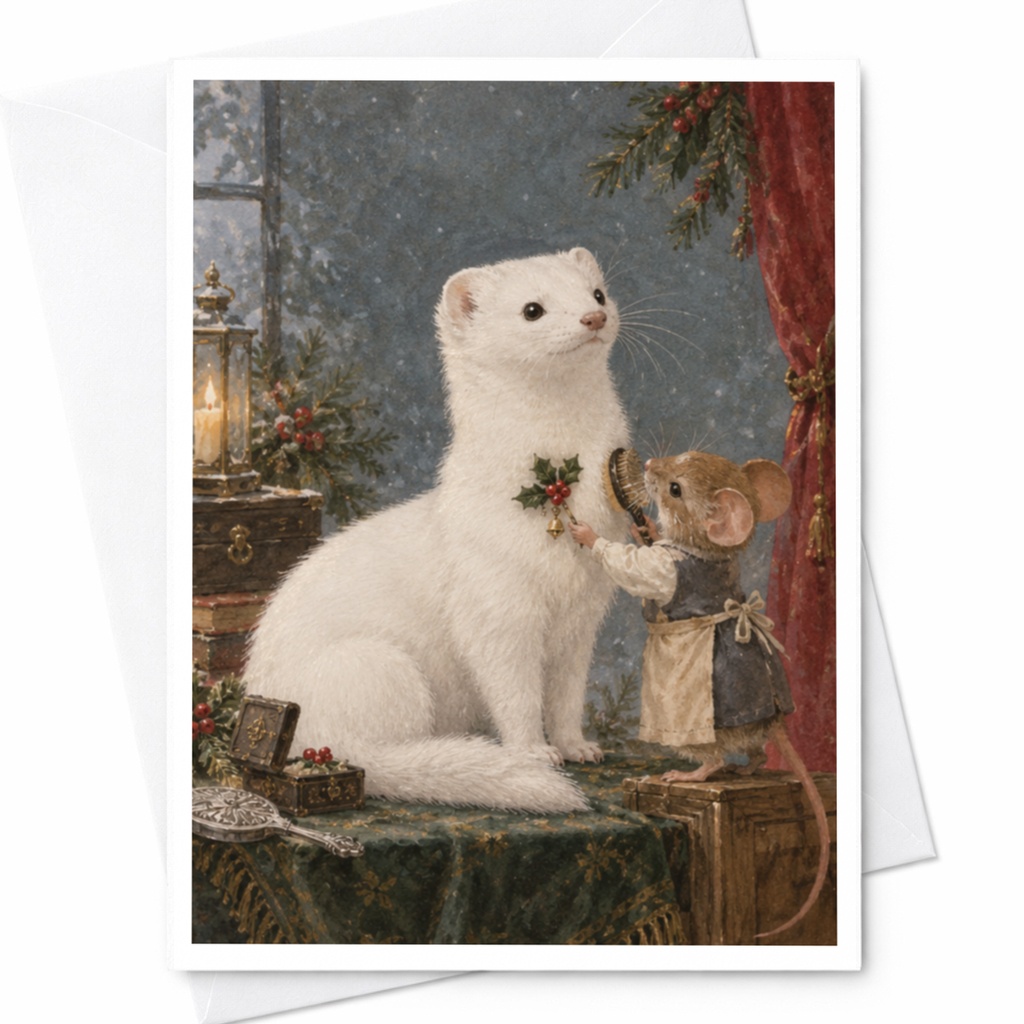 Mouse And Ferret Christmas Card Cute Animal Holiday Greeting Card Winter Scene For Animal Lover Festive Illustration C9746