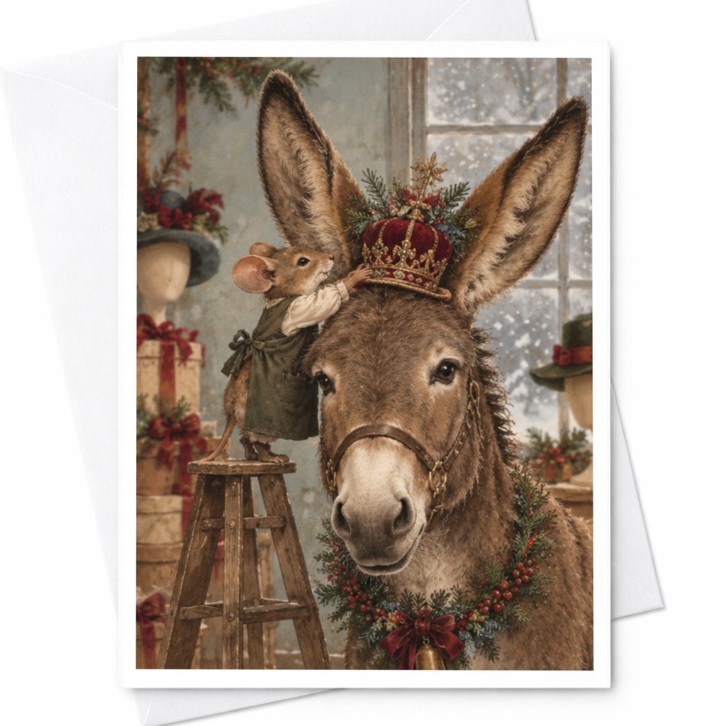 Mouse And Donkey Christmas Card Cute Animal Holiday Greeting Card Festive Winter Scene For Animal Lover Whimsical Art C9772