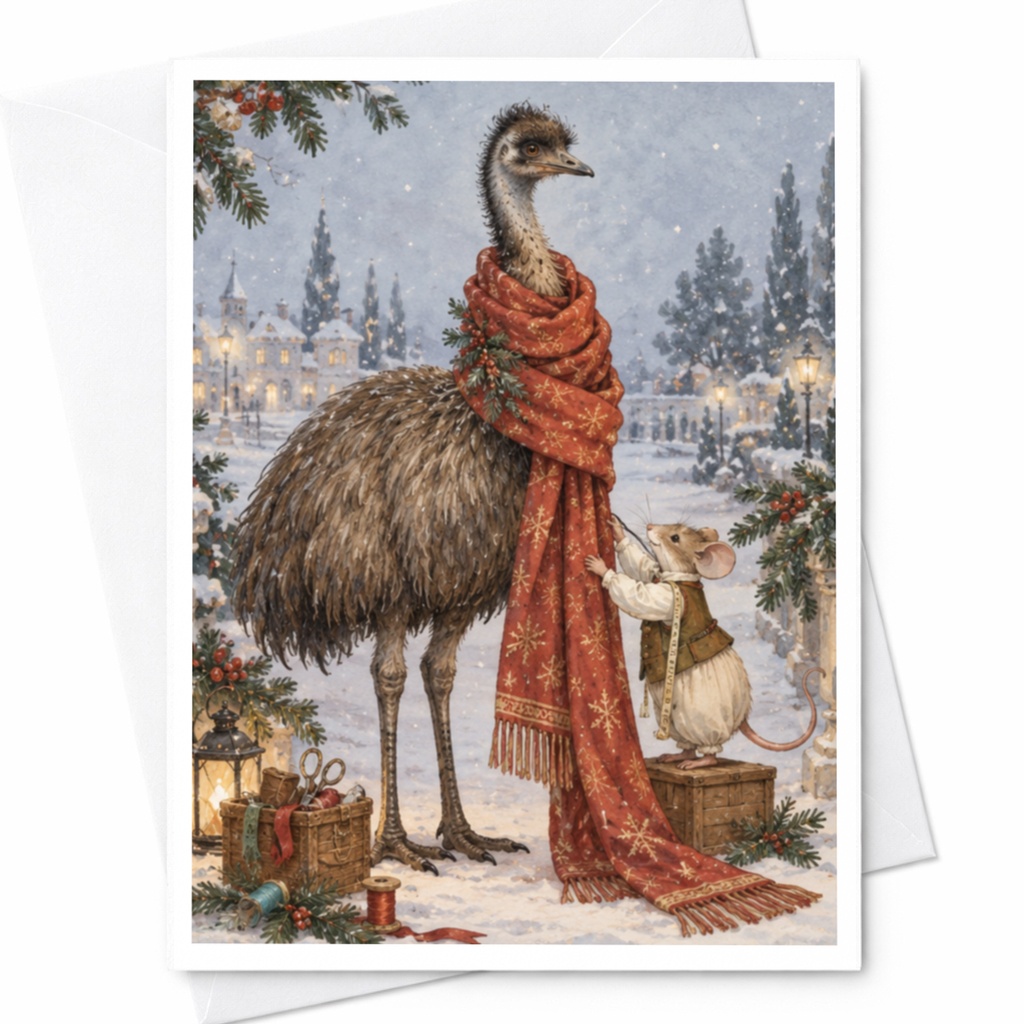 Emu And Mouse Winter Scene Christmas Card Cute Animal Holiday Greeting Card For Nature Lover Festive Snowy Illustration C9748