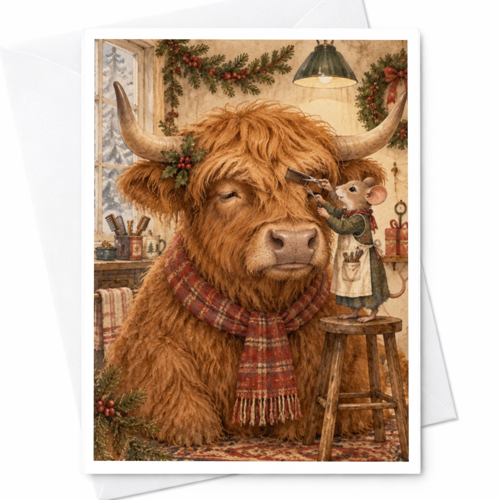 Highland Cow With Mouse Blank Greeting Card Cute Animal Card For Nature Lover Rustic Art Card Winter Scene Holiday Card C9775