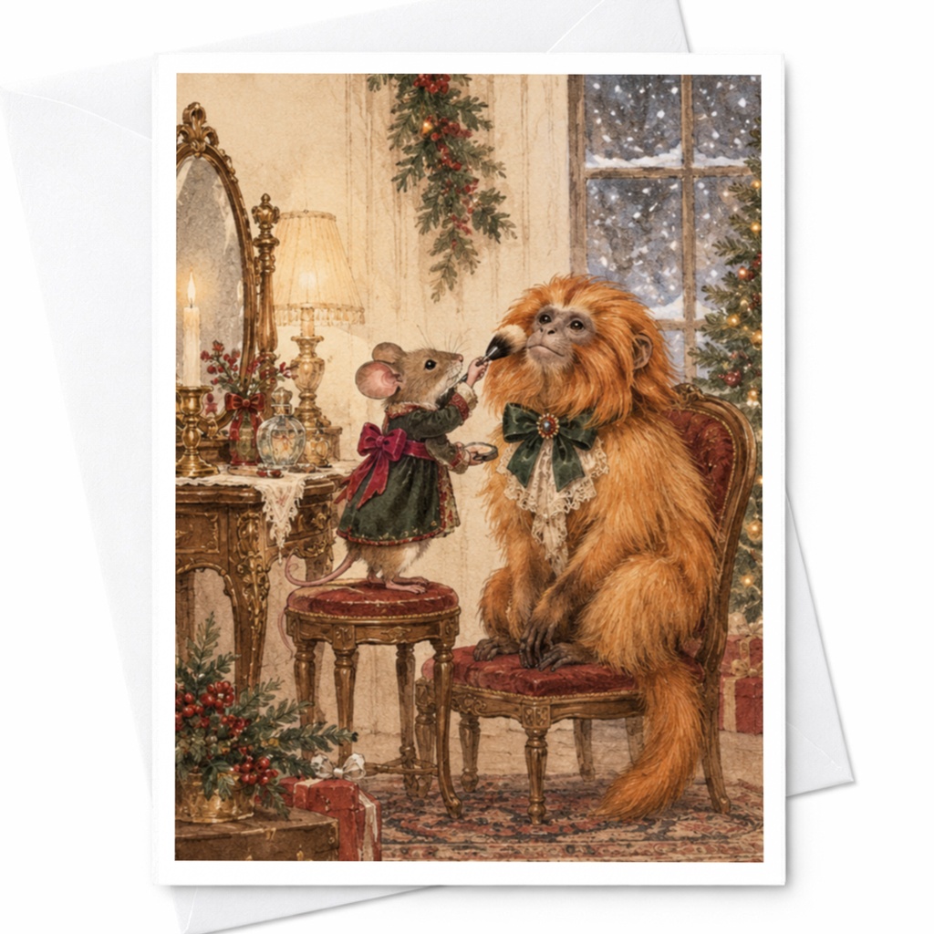 Mouse And Dog Christmas Card Festive Holiday Greeting Card Cute Animal Illustration Winter Scene For Animal Lover C9749