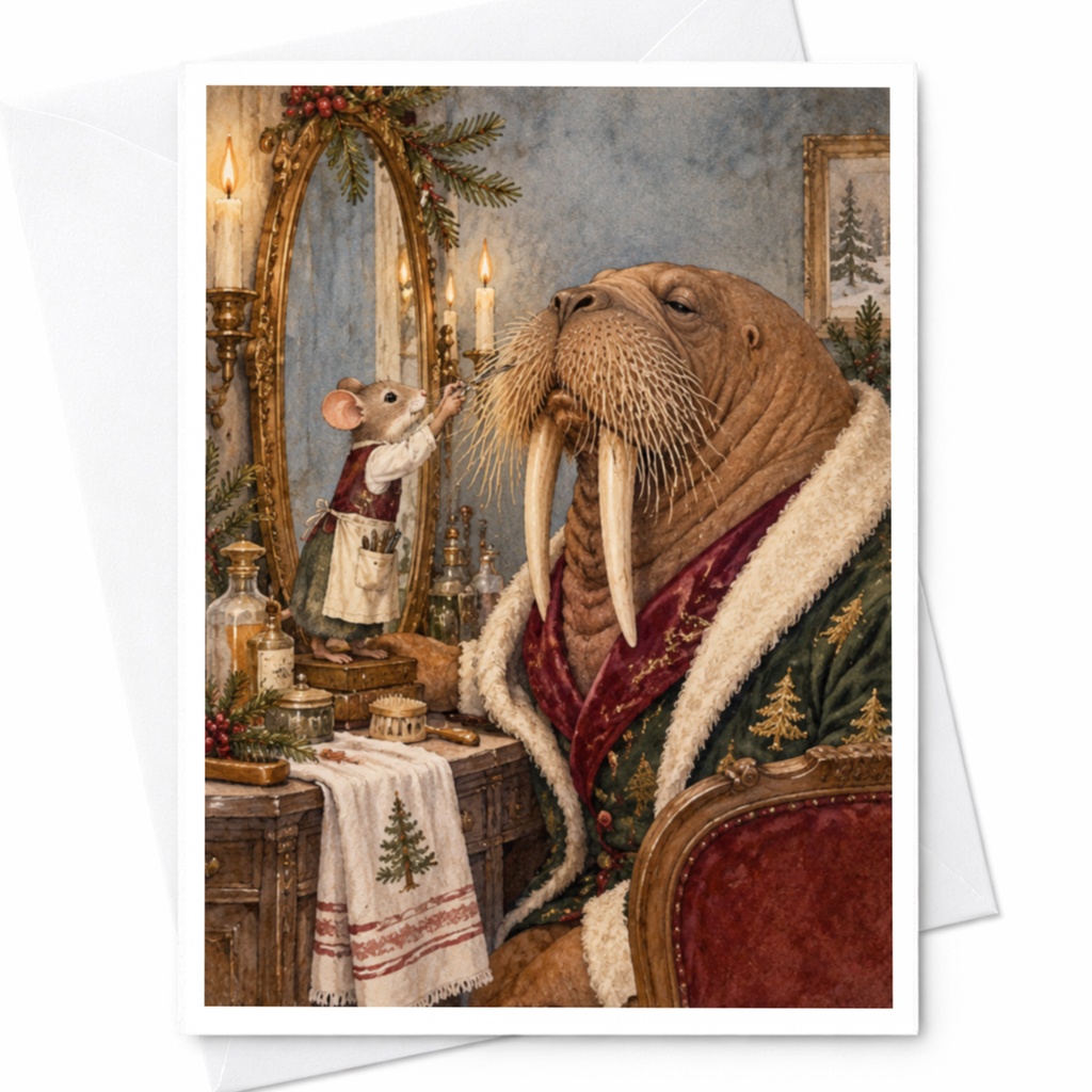 Walrus And Mouse Christmas Card Festive Animal Greeting Card Holiday Card For Animal Lover Cute Winter Scene C9776