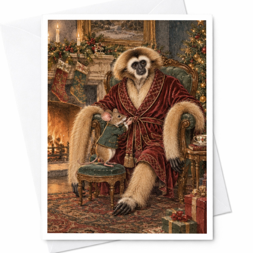 Gibbon In Robe Christmas Card Cozy Animal Holiday Greeting Card Festive Fireplace Scene Cute Winter Card For Animal Lover C9750