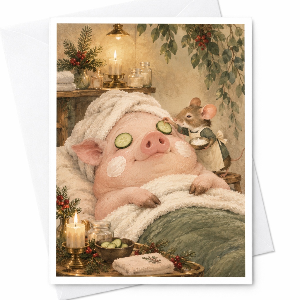 Pig And Mouse Spa Scene Blank Greeting Card Cute Animal Relaxation Card For Friend Whimsical Art Everyday Card C9777