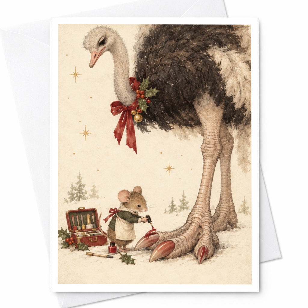 Ostrich And Mouse Christmas Card Cute Holiday Greeting Card Animal Lover Festive Card For Her Winter Scene Adorable Art C9751