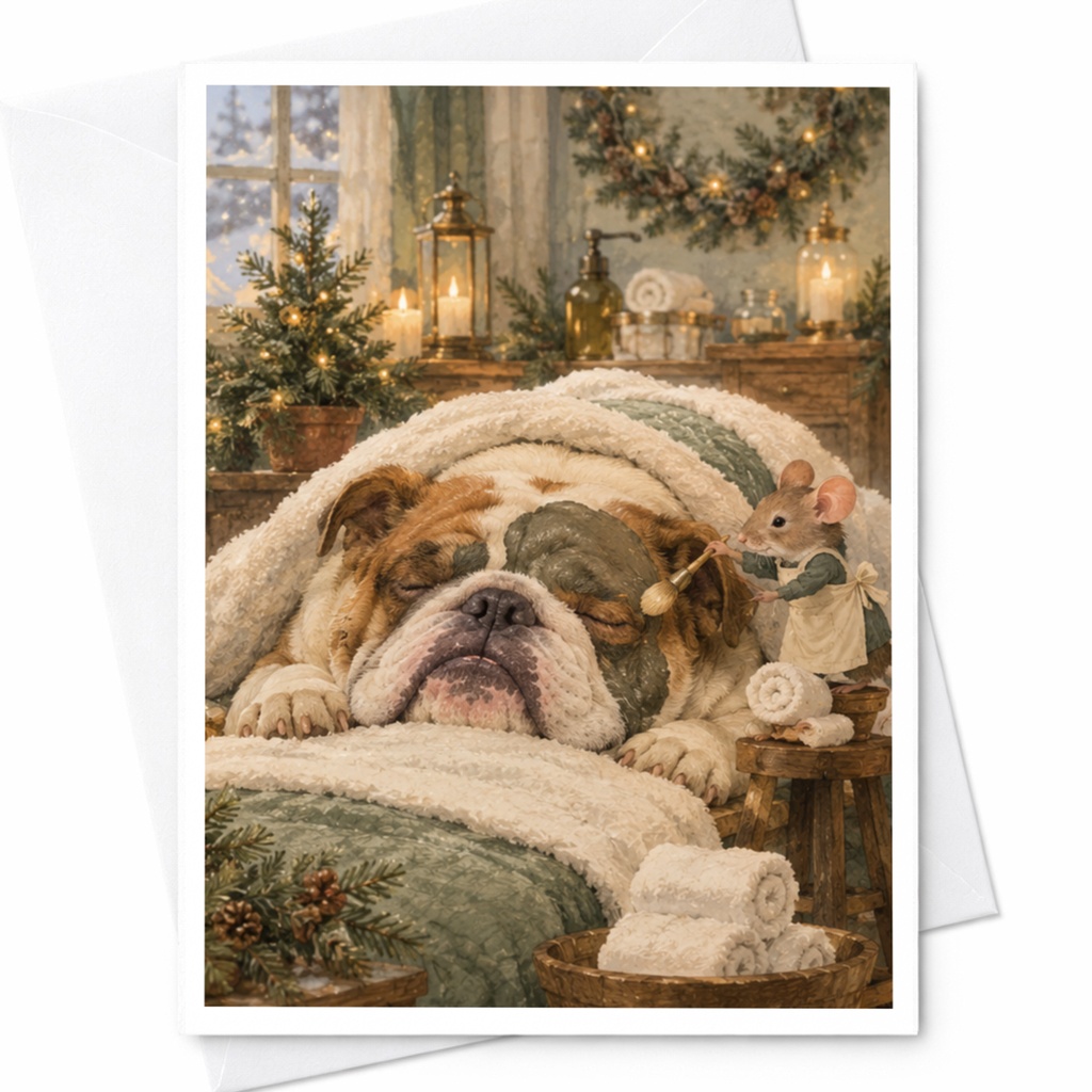 Bulldog And Mouse Spa Scene Blank Greeting Card Cozy Animal Card Cute Dog Lover Card Relaxing Winter Scene Everyday Card C9778