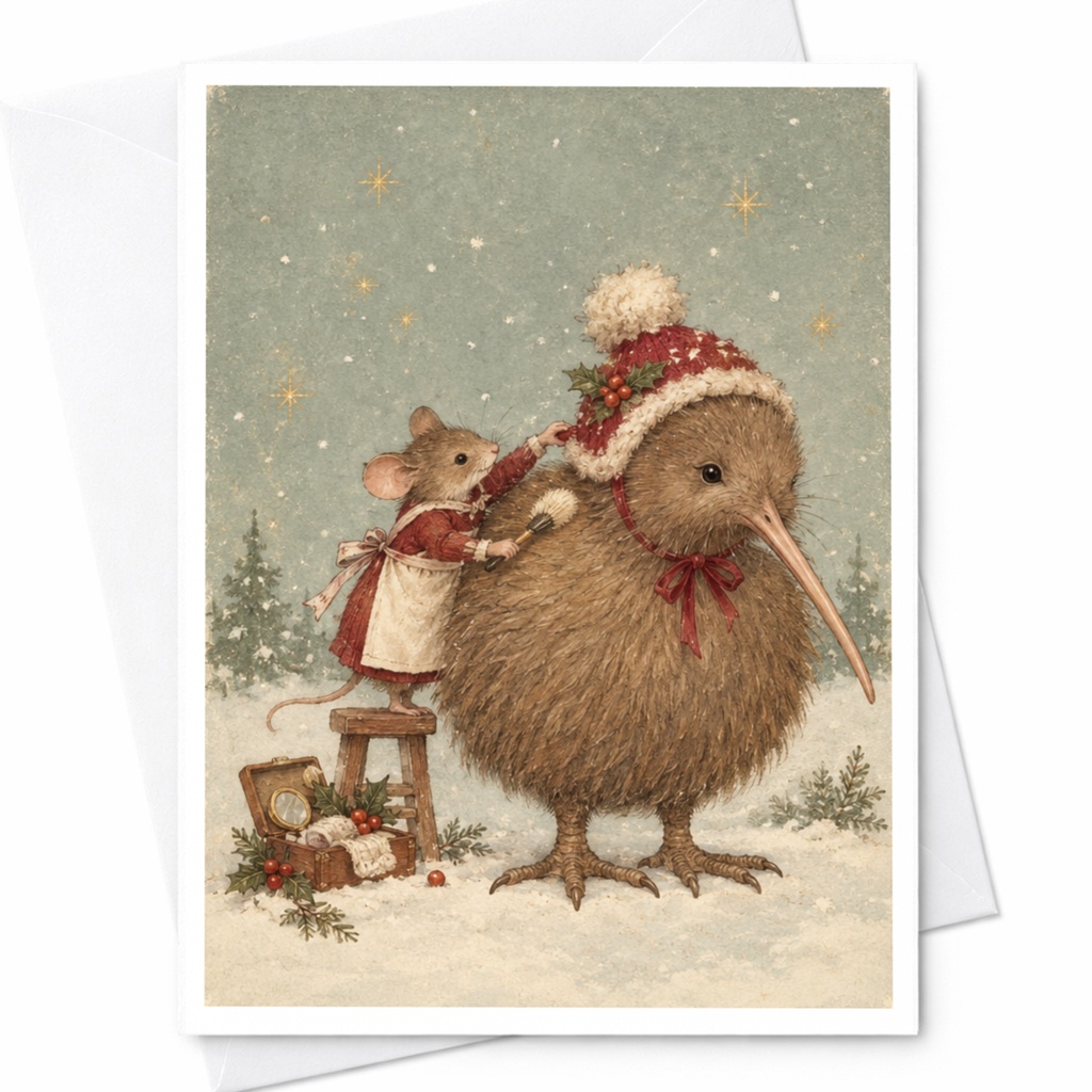 Mouse And Kiwi Bird Christmas Card Cute Animal Holiday Greeting Card Winter Scene For Animal Lover Festive Seasonal Card C9752