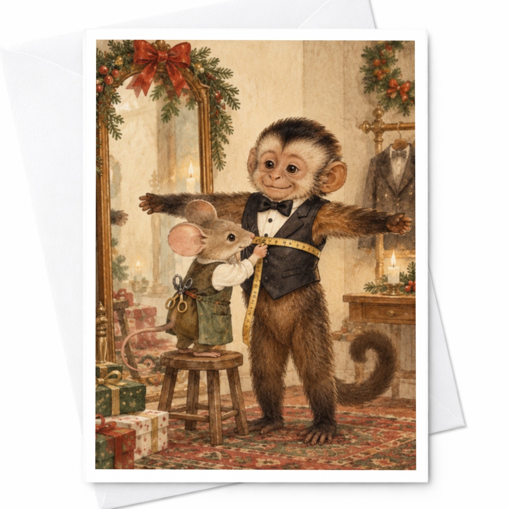Monkey And Mouse Tailor Shop Greeting Card Cute Animal Illustration Christmas Card For Kids Holiday Card Whimsical Art C9753