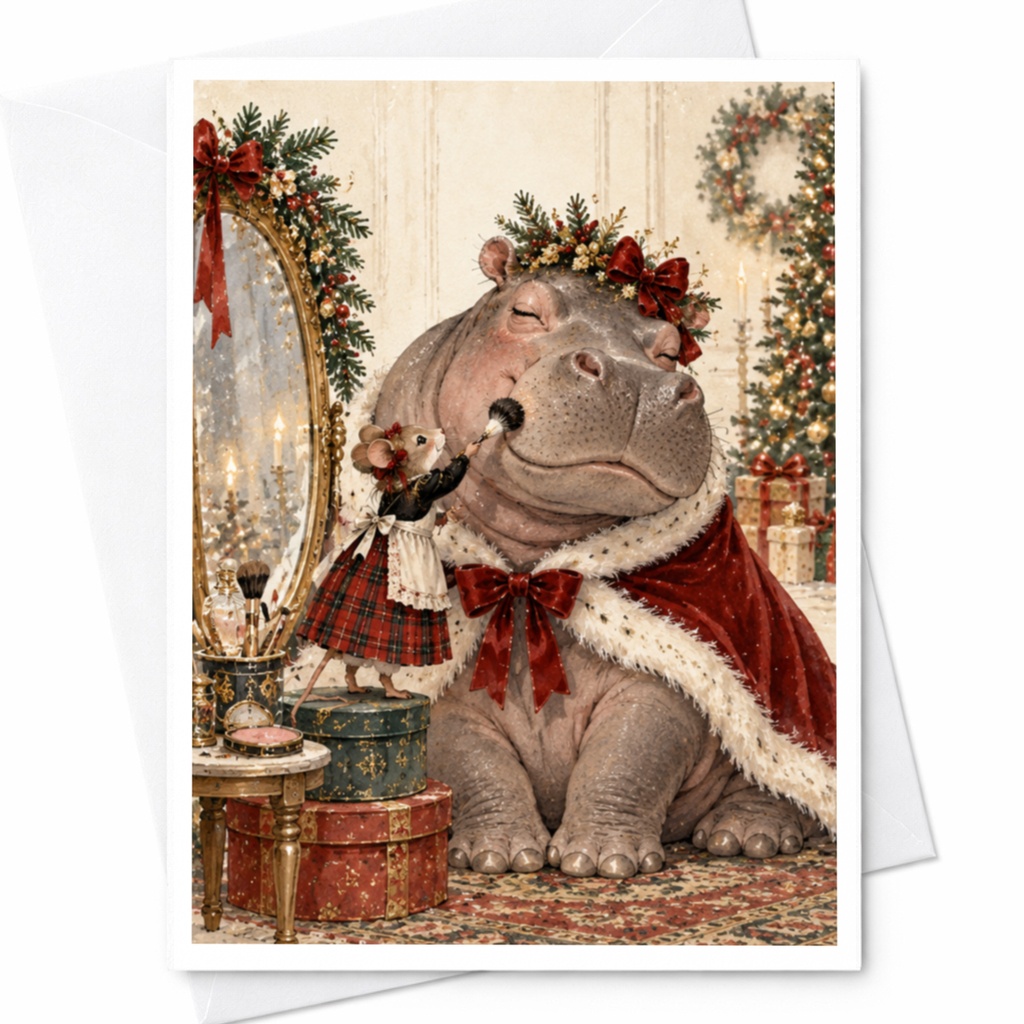 Hippo And Mouse Christmas Card Cute Animal Holiday Greeting Card Festive Illustration For Animal Lover Whimsical Xmas Card C9779