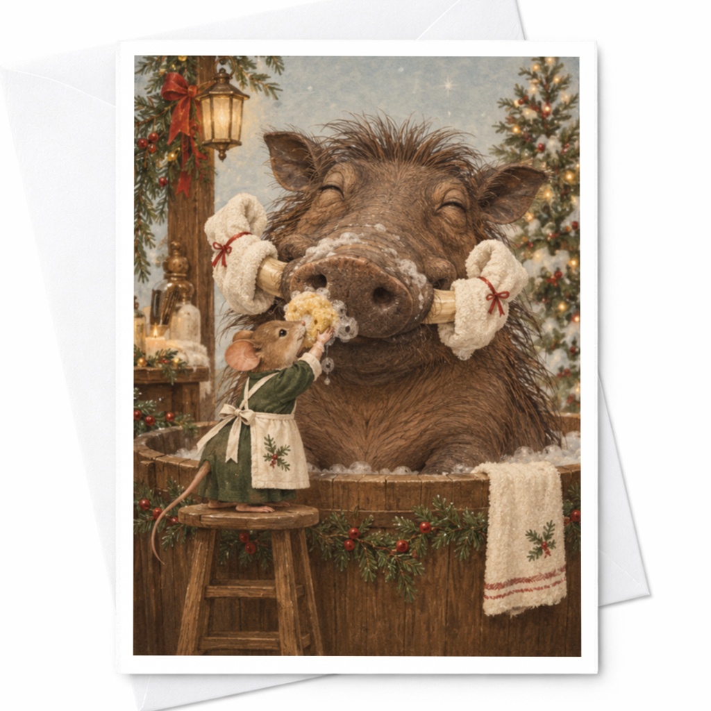 Festive Mouse And Boar Christmas Card Cute Animal Holiday Greeting Card For Animal Lover Whimsical Winter Scene C9756
