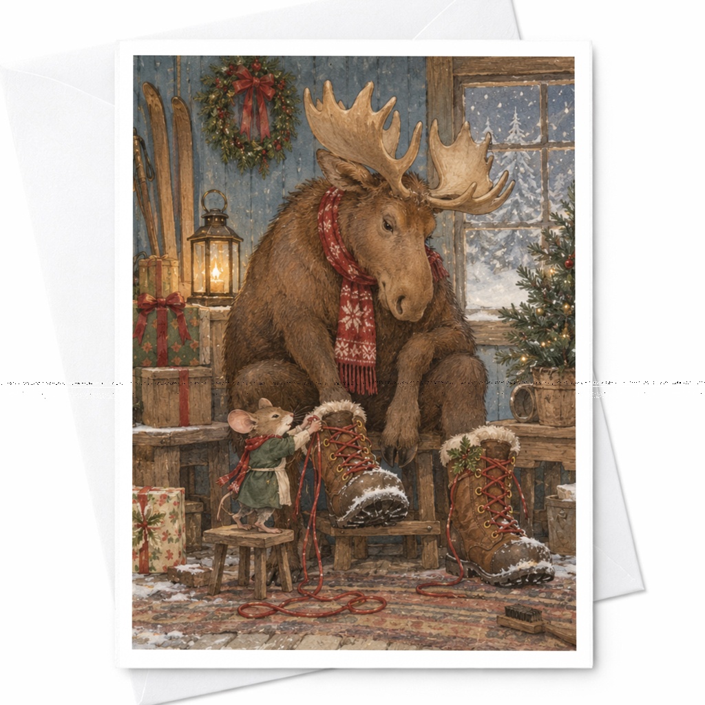 Moose And Mouse Winter Scene Christmas Card Cute Animal Holiday Greeting Card For Nature Lover Cozy Woodland Art C9782