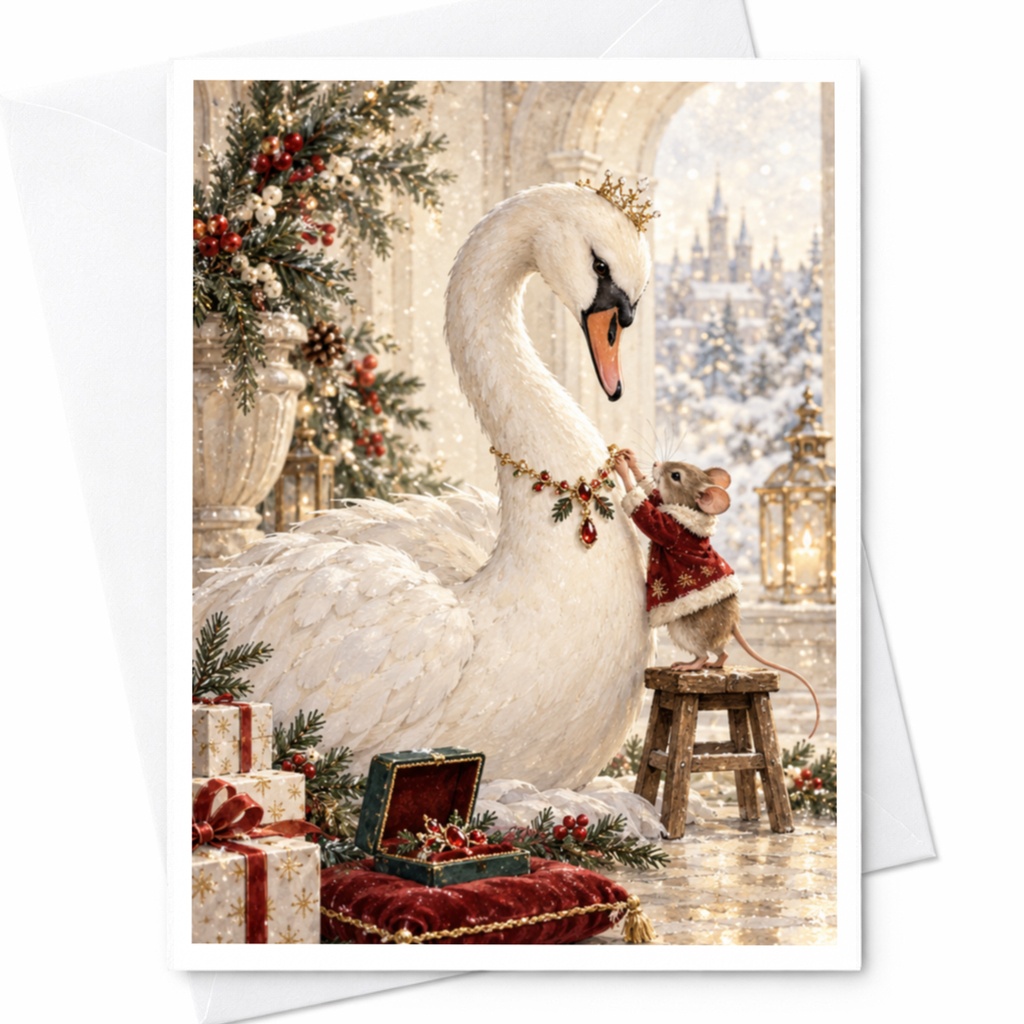Swan And Mouse Christmas Card Elegant Holiday Greeting Card Winter Scene For Animal Lover Festive Seasonal Card C9783