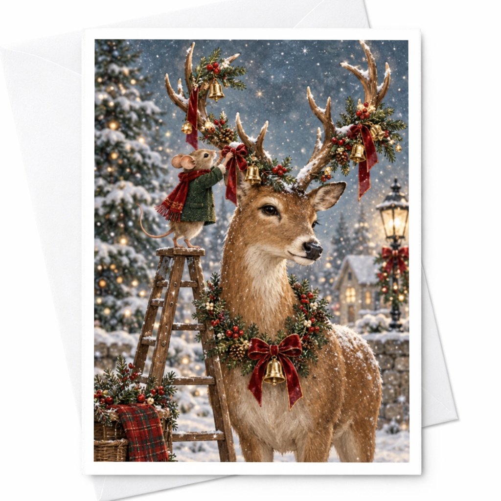 Deer And Mouse Christmas Card Cute Holiday Greeting Card Winter Scene For Animal Lover Festive Seasonal Card C9784