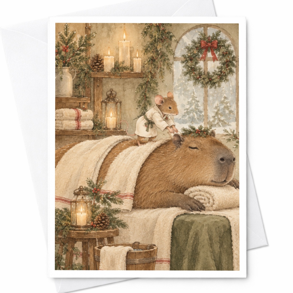Mouse And Capybara Spa Scene Christmas Greeting Card Cozy Animal Holiday Card Cute Winter Illustration For Animal Lover C9785