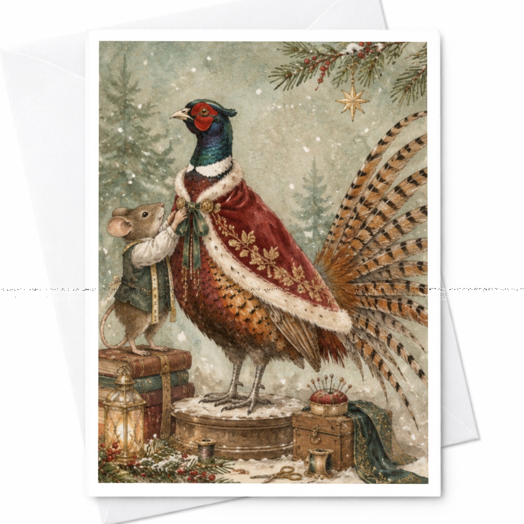 Mouse And Pheasant Christmas Card Cute Animal Holiday Greeting Card Winter Scene For Nature Lover Whimsical Festive Card C9760