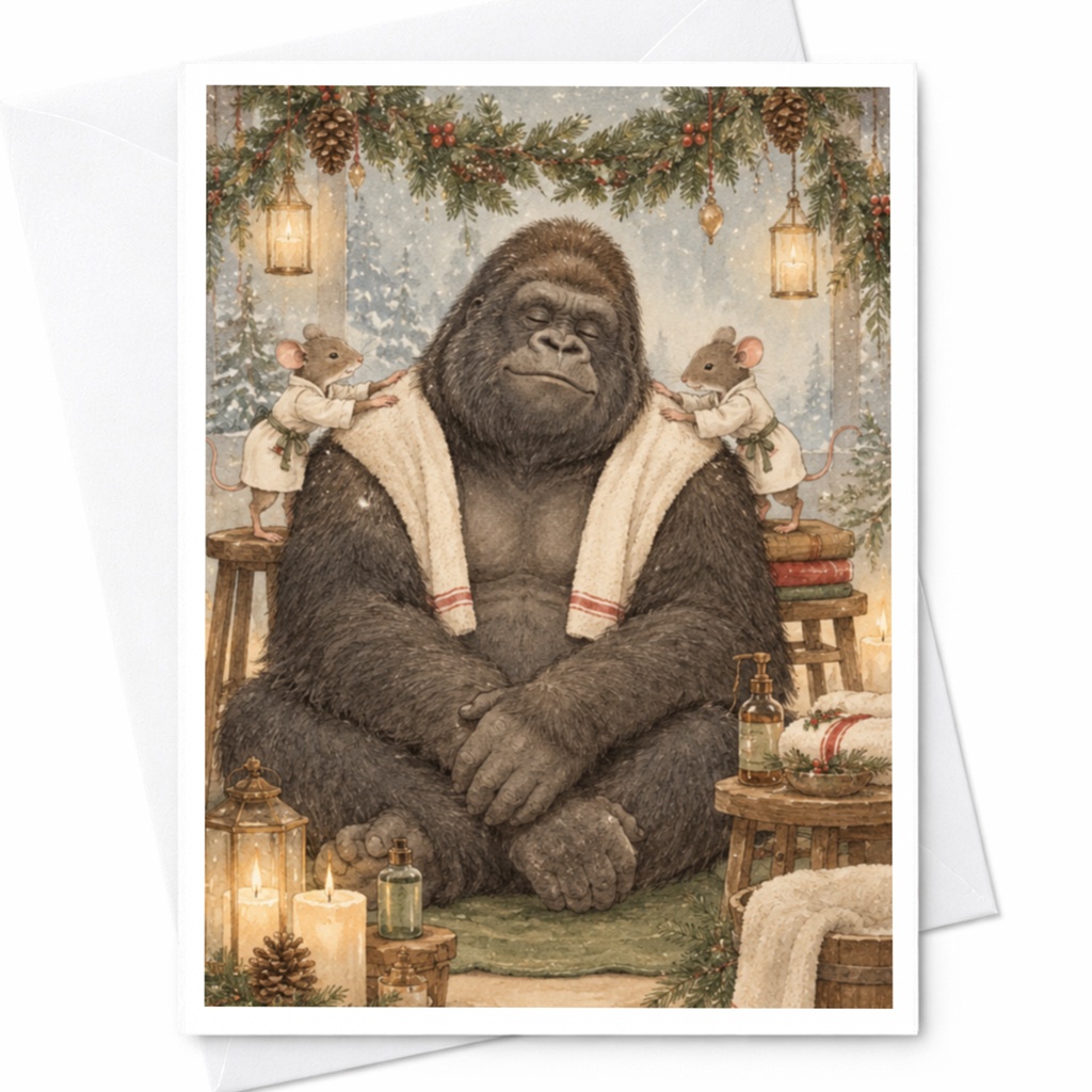 Gorilla With Mice Winter Scene Blank Greeting Card Cozy Animal Illustration Holiday Card For Nature Lover Cute Art Card C9786