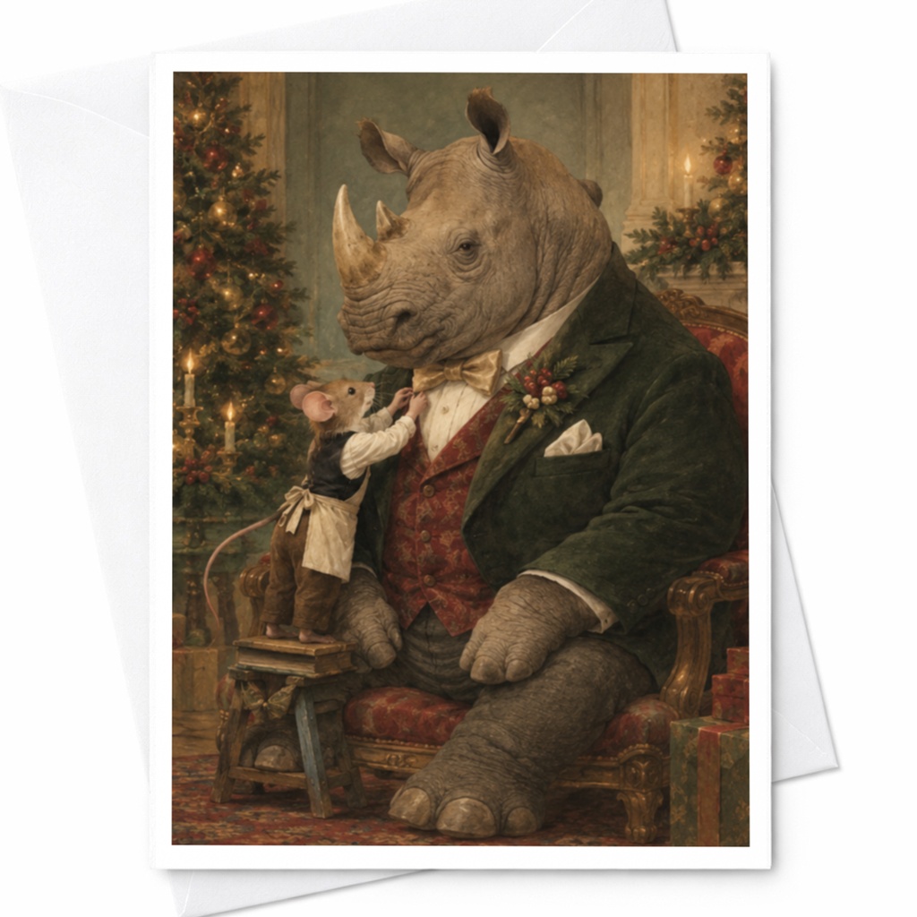 Rhino And Mouse Christmas Card Festive Animal Greeting Card Holiday Card For Animal Lover Cute Christmas Card C9790