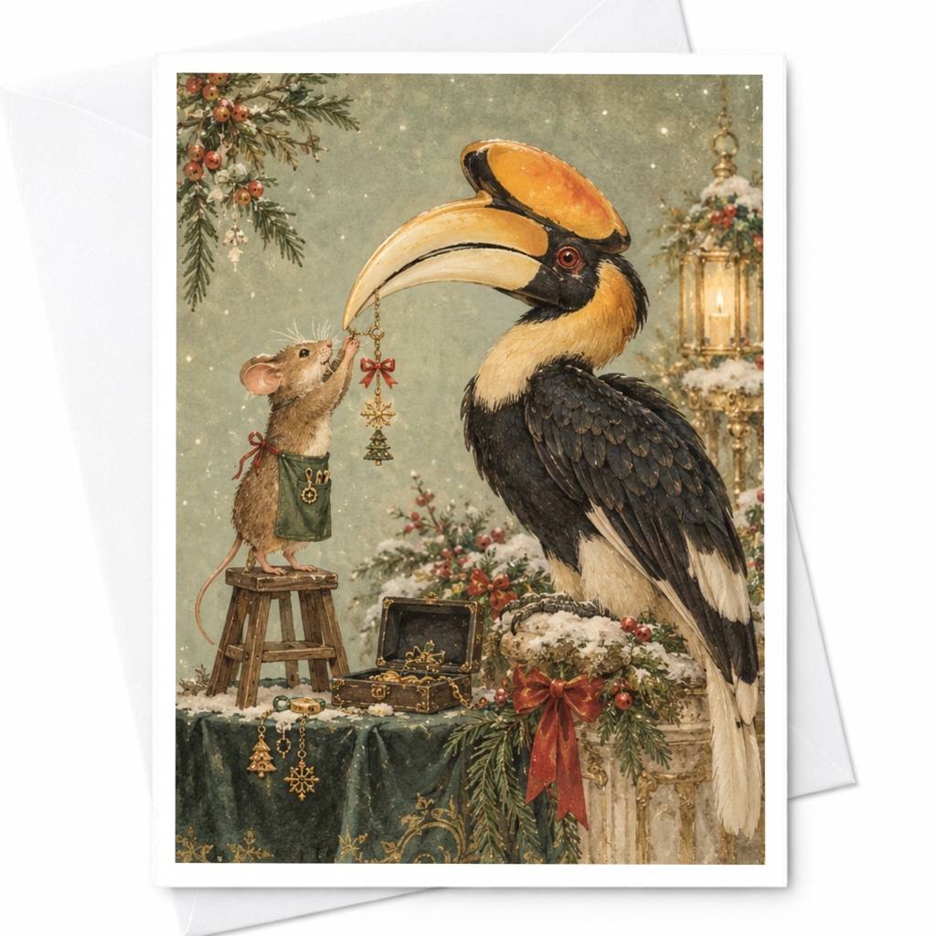 Mouse And Hornbill Christmas Card Cute Animal Holiday Greeting Card Festive Winter Scene For Nature Lover C9766