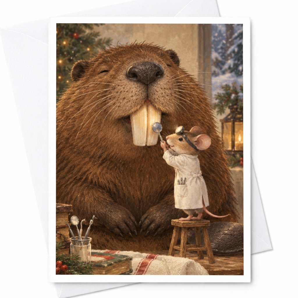 Mouse Dentist With Beaver Blank Greeting Card Cute Animal Illustration Everyday Card For Animal Lover Whimsical Art C9792