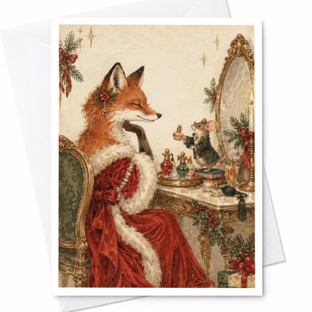 Fox And Mouse Christmas Card Elegant Animal Holiday Greeting Card Woodland Creature Art Festive Winter Card For Animal Lover C9793
