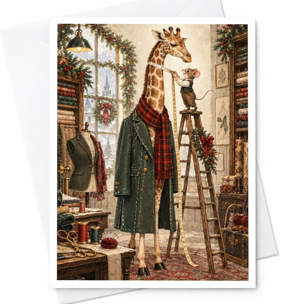 Giraffe And Mouse Tailor Shop Card Blank Greeting Card Cute Animal Art Everyday Card For Animal Lover Whimsical Illustration C9769
