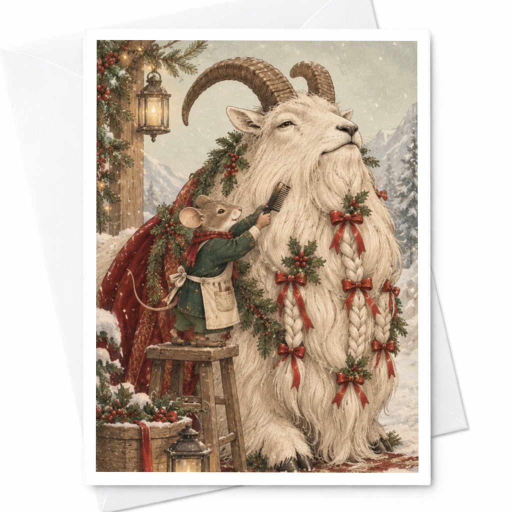 Mouse Grooming Goat Christmas Card Festive Animal Greeting Card Cute Holiday Card For Animal Lover Winter Scene C9795
