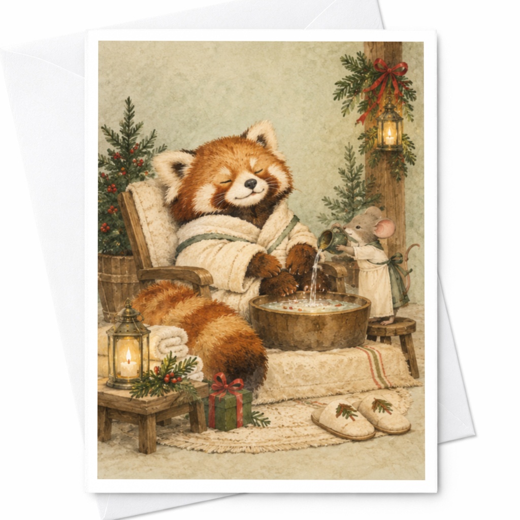 Red Panda Relaxing Christmas Card Cute Animal Holiday Greeting Card For Animal Lover Cozy Winter Scene With Mouse C9797