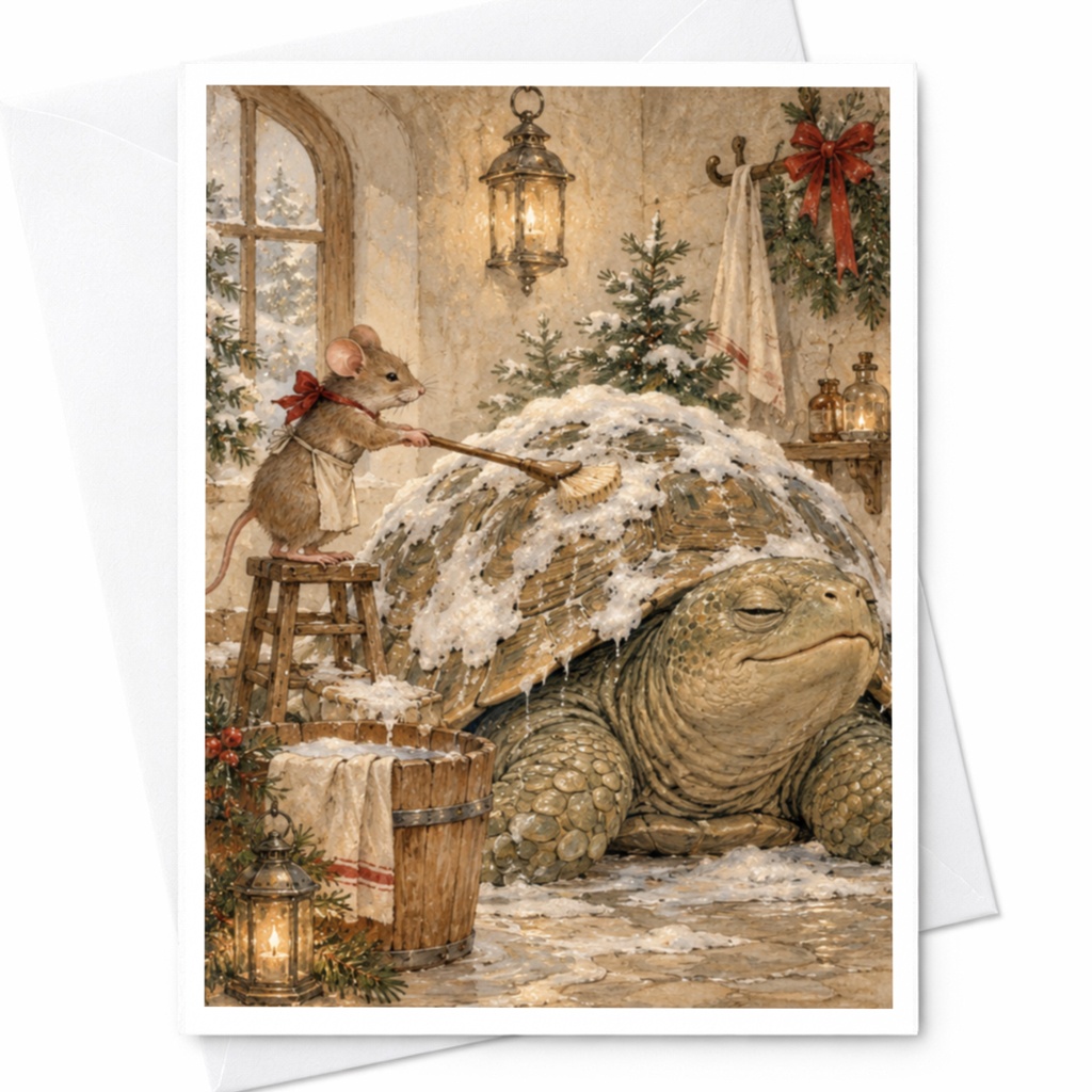 Cozy Winter Scene Christmas Card Mouse Cleaning Turtle Holiday Greeting Card Cute Animal Art For Nature Lover C9773