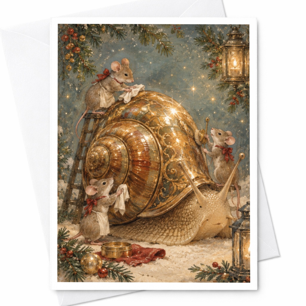 Christmas Card Mice Polishing Snail Shell Cute Animal Holiday Greeting Card For Nature Lover Whimsical Festive Art Card C9774