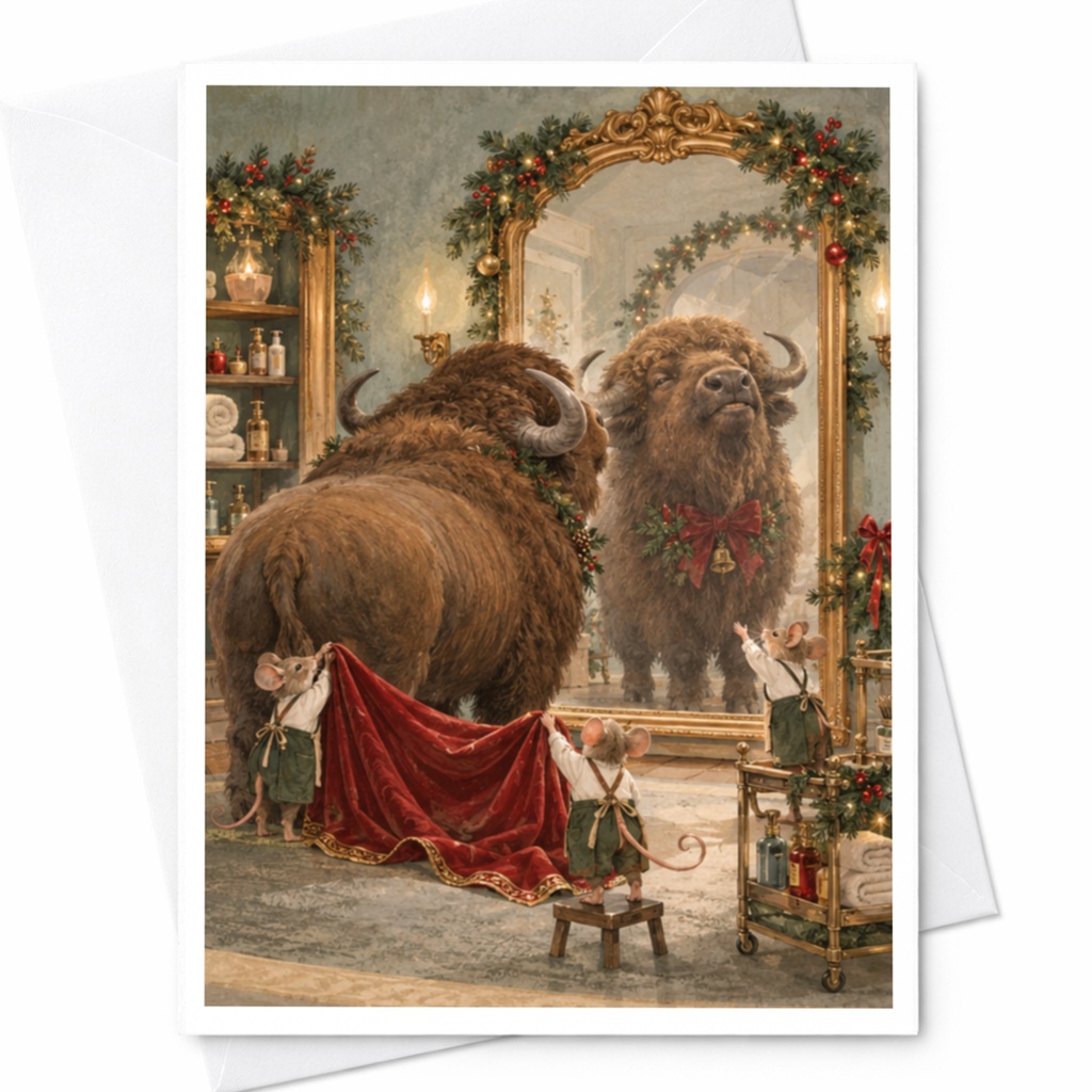 Buffalo Christmas Card Festive Animal Greeting Card Cute Holiday Card For Animal Lover Whimsical Christmas Card With Mice C9802