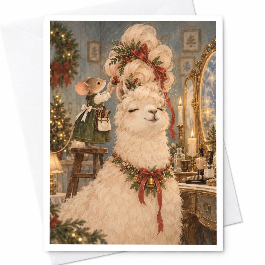 Festive Llama Christmas Card Cute Animal Holiday Greeting Card For Her Whimsical Winter Scene With Mouse And Llama C9804