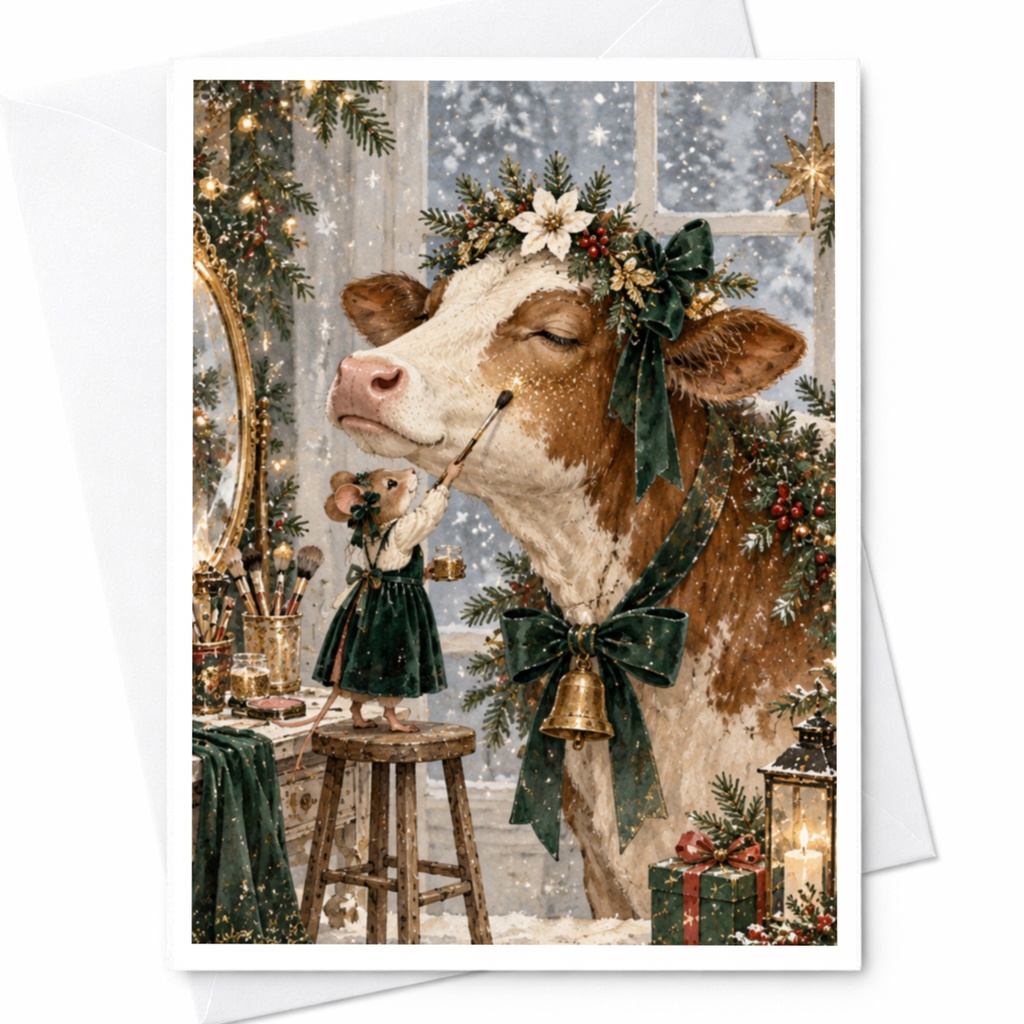 Festive Mouse And Cow Christmas Greeting Card Cute Animal Holiday Card Winter Scene For Animal Lover Whimsical Art Card C9780
