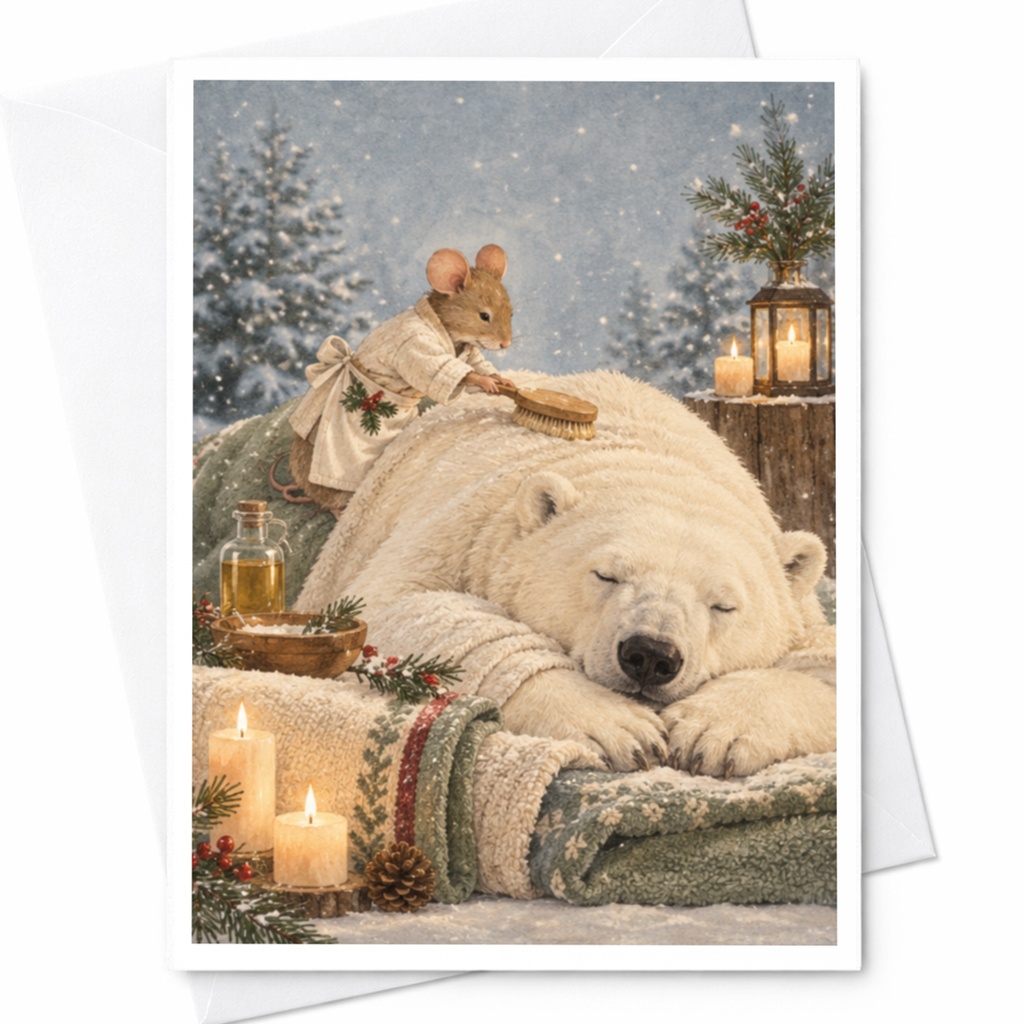 Mouse Brushing Polar Bear Winter Greeting Card Cozy Animal Scene Cute Christmas Card For Animal Lover Holiday Card C9808