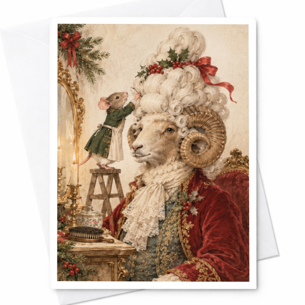 Regal Ram And Mouse Blank Greeting Card Whimsical Animal Art Card For Animal Lover Unique Illustration Everyday Card C9811