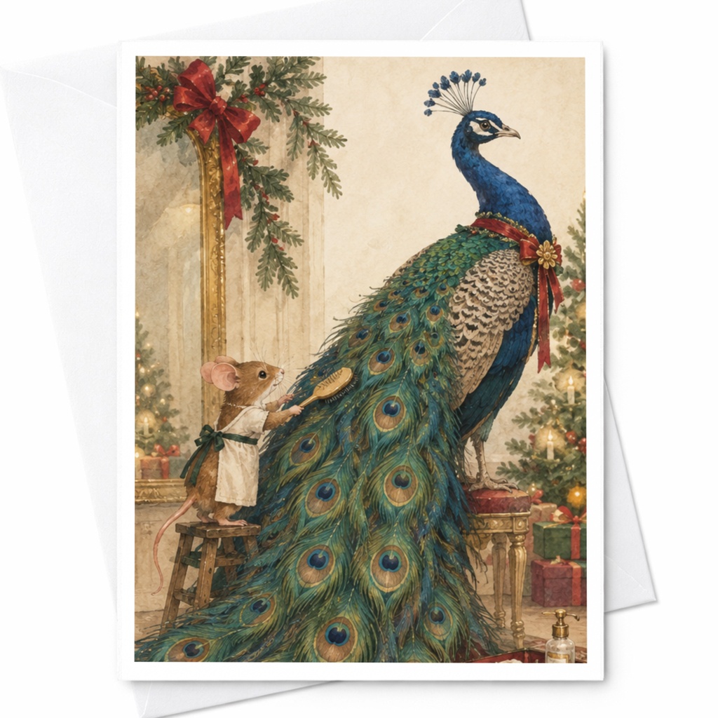Peacock And Mouse Christmas Card Festive Animal Greeting Card Holiday Card For Nature Lover Cute Winter Scene C9787