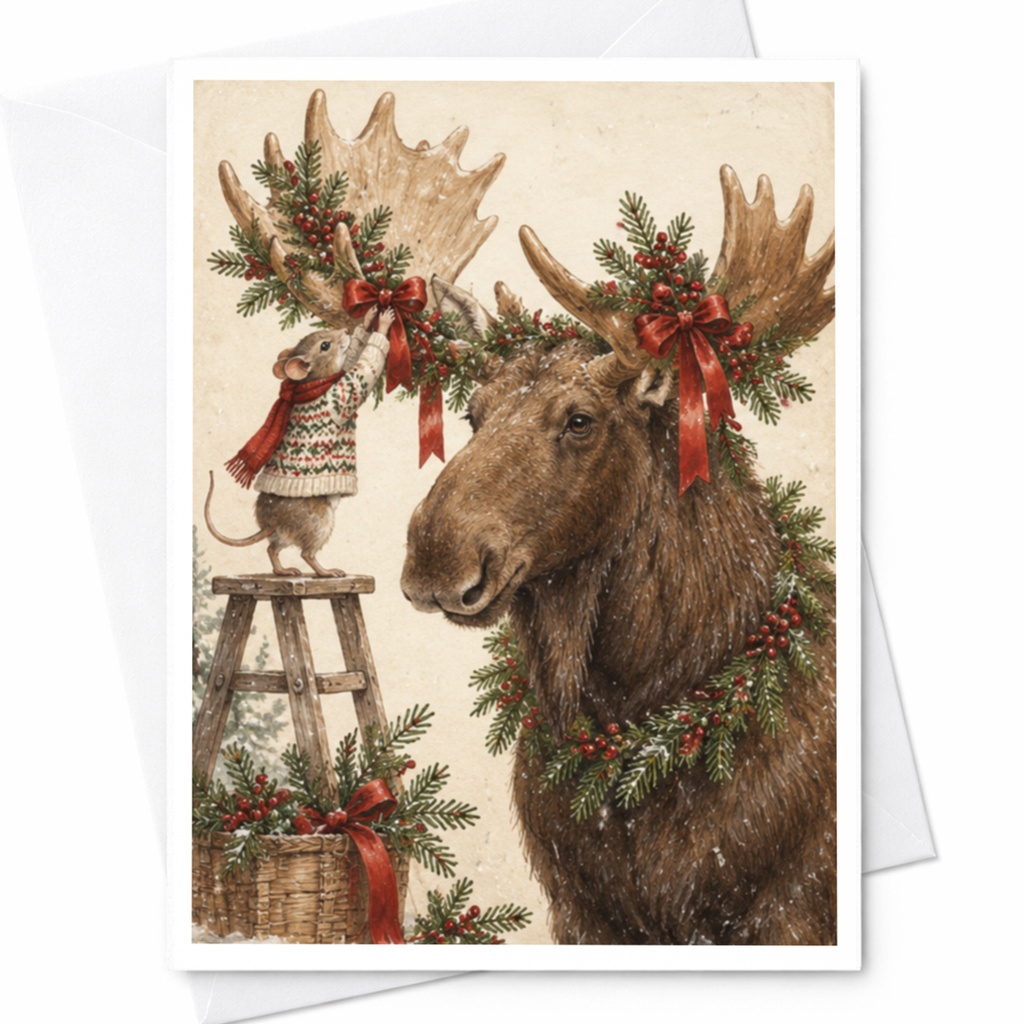Moose And Mouse Christmas Card Cute Holiday Greeting Card Woodland Animal Lover Festive Winter Card For Friend Family C9813