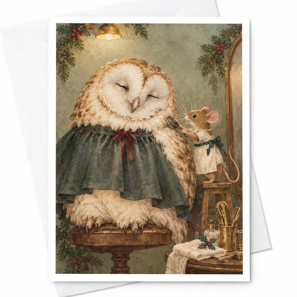 Owl And Mouse Cozy Greeting Card Woodland Animal Blank Note Card Cute Animal Lover Card Christmas Holiday Card C9788