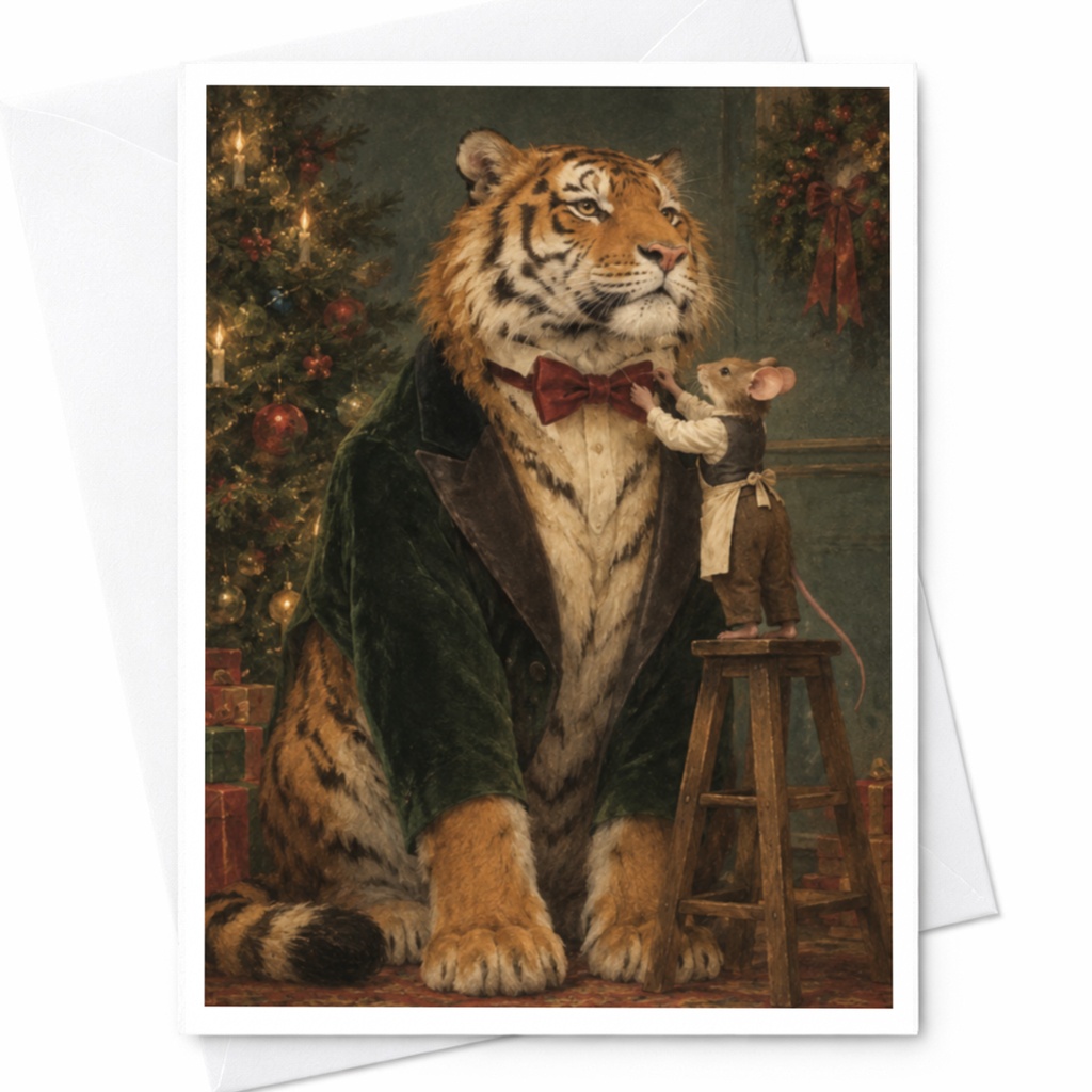 Tiger And Mouse Christmas Card Festive Animal Greeting Card Holiday Card For Animal Lover Cute Winter Scene C9789