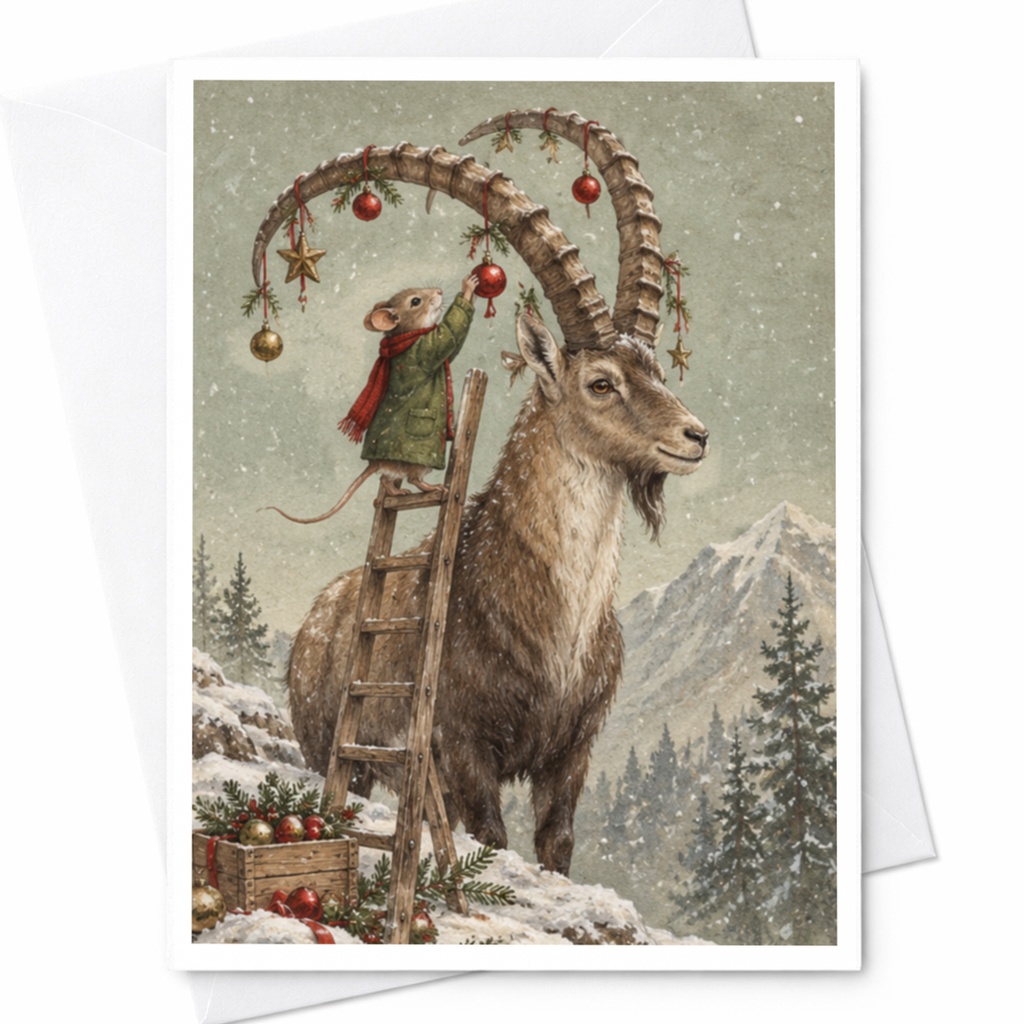 Mouse Decorating Goat Christmas Card Cute Animal Holiday Greeting Card Winter Scene For Nature Lover Festive Art Card C9814