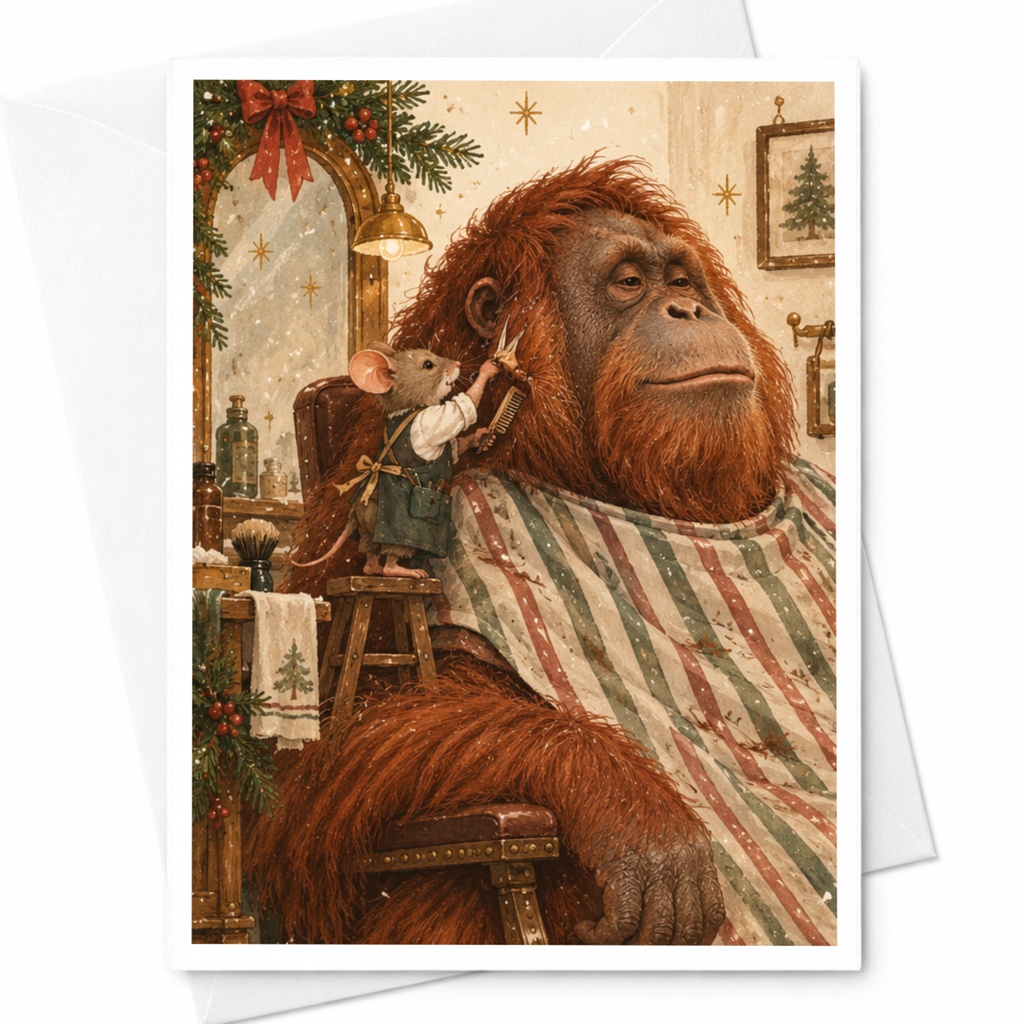 Mouse Barber With Orangutan Christmas Card Cute Animal Holiday Greeting Card For Animal Lovers Whimsical Festive Card C9815