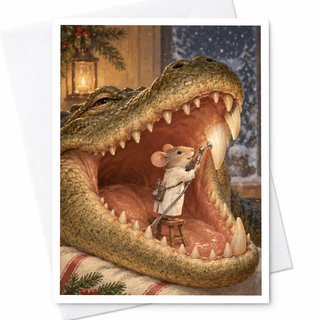 Mouse Cleaning Crocodile Teeth Blank Greeting Card Cute Animal Art Everyday Card For Animal Lover Whimsical Illustration C9791