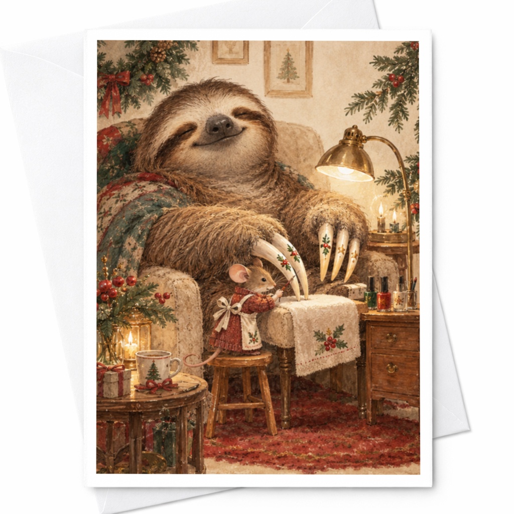 Cozy Sloth And Mouse Christmas Card Cute Animal Holiday Greeting Card For Animal Lover Festive Winter Scene C9817