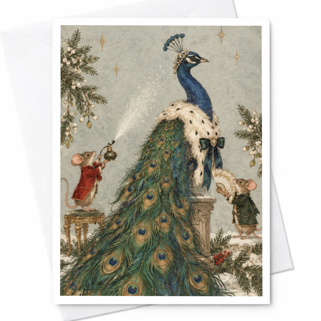 Peacock With Mice Blank Greeting Card Whimsical Animal Illustration Everyday Card For Nature Lover Cute Art Card C9794