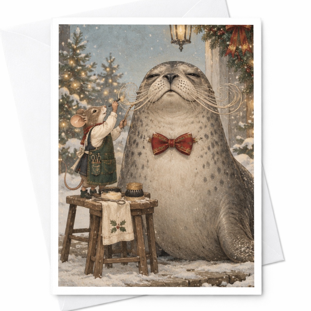 Mouse Styling Seal's Whiskers Christmas Card Cute Animal Holiday Greeting Card Winter Scene For Animal Lover C9796
