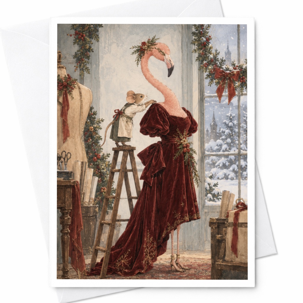 Flamingo In Dress With Mouse Blank Greeting Card Cute Animal Art Card For Her Whimsical Everyday Card Nature Lover C9800