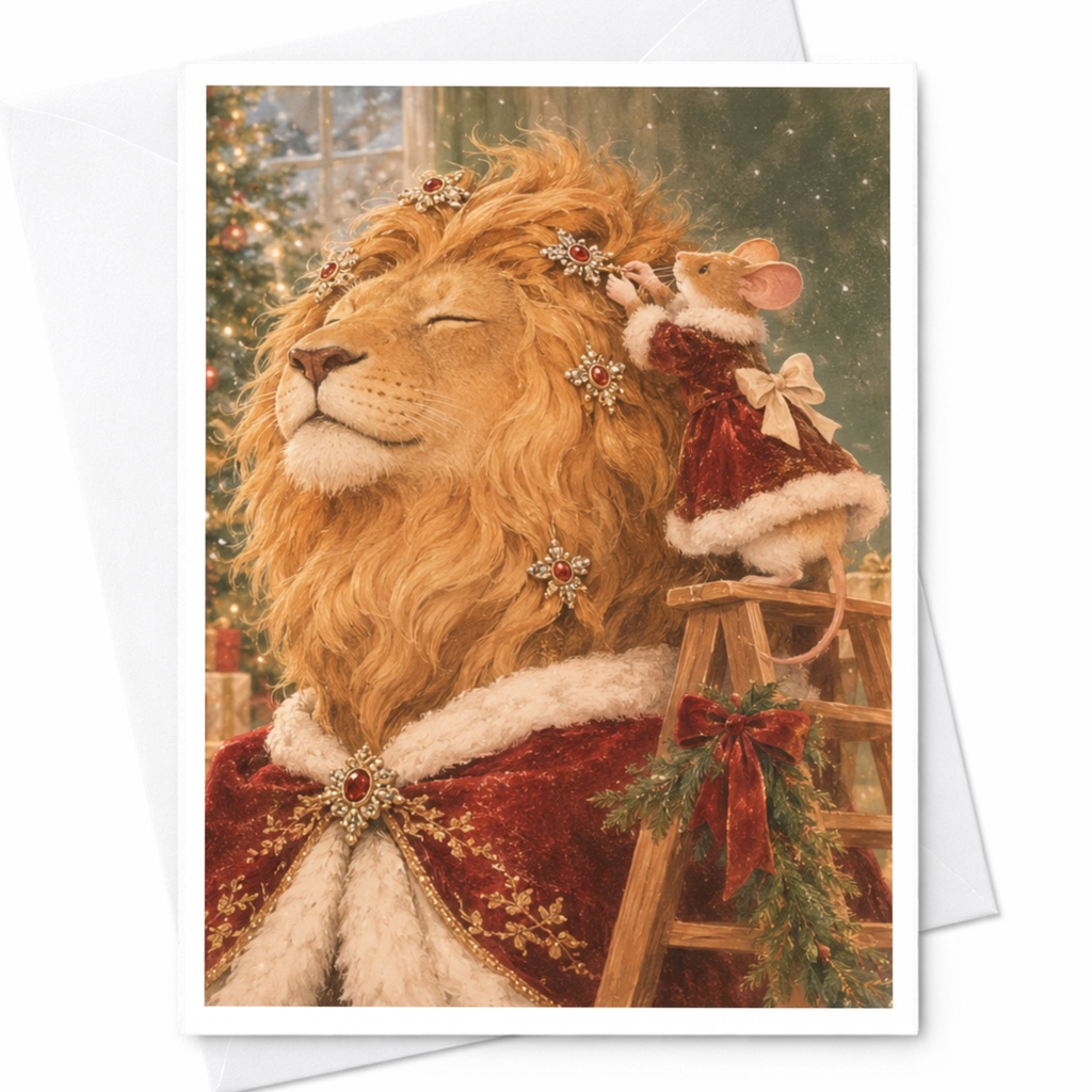 Lion And Mouse Christmas Card Festive Animal Greeting Card Holiday Card Cute Winter Scene For Animal Lover C9824