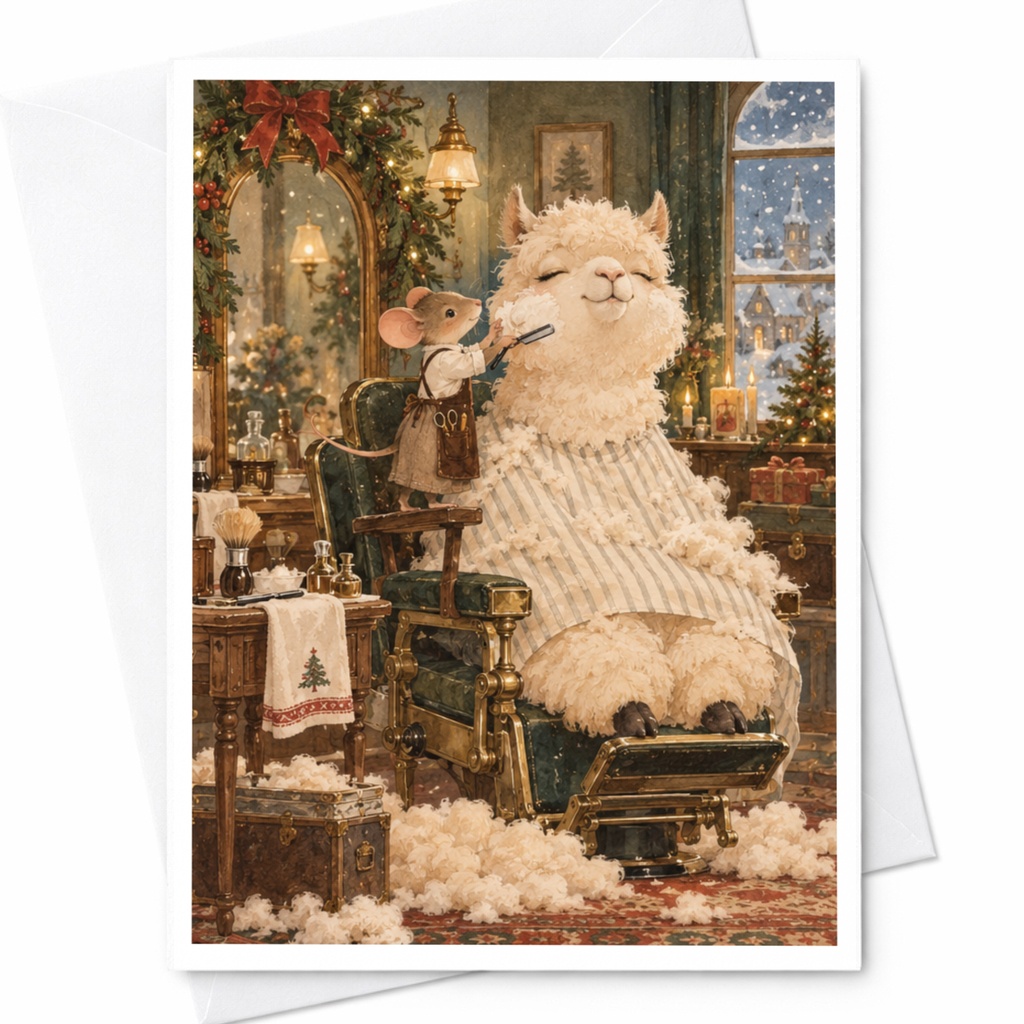 Mouse Barber With Llama Christmas Greeting Card Cute Animal Holiday Card Festive Winter Scene For Animal Lover C9803